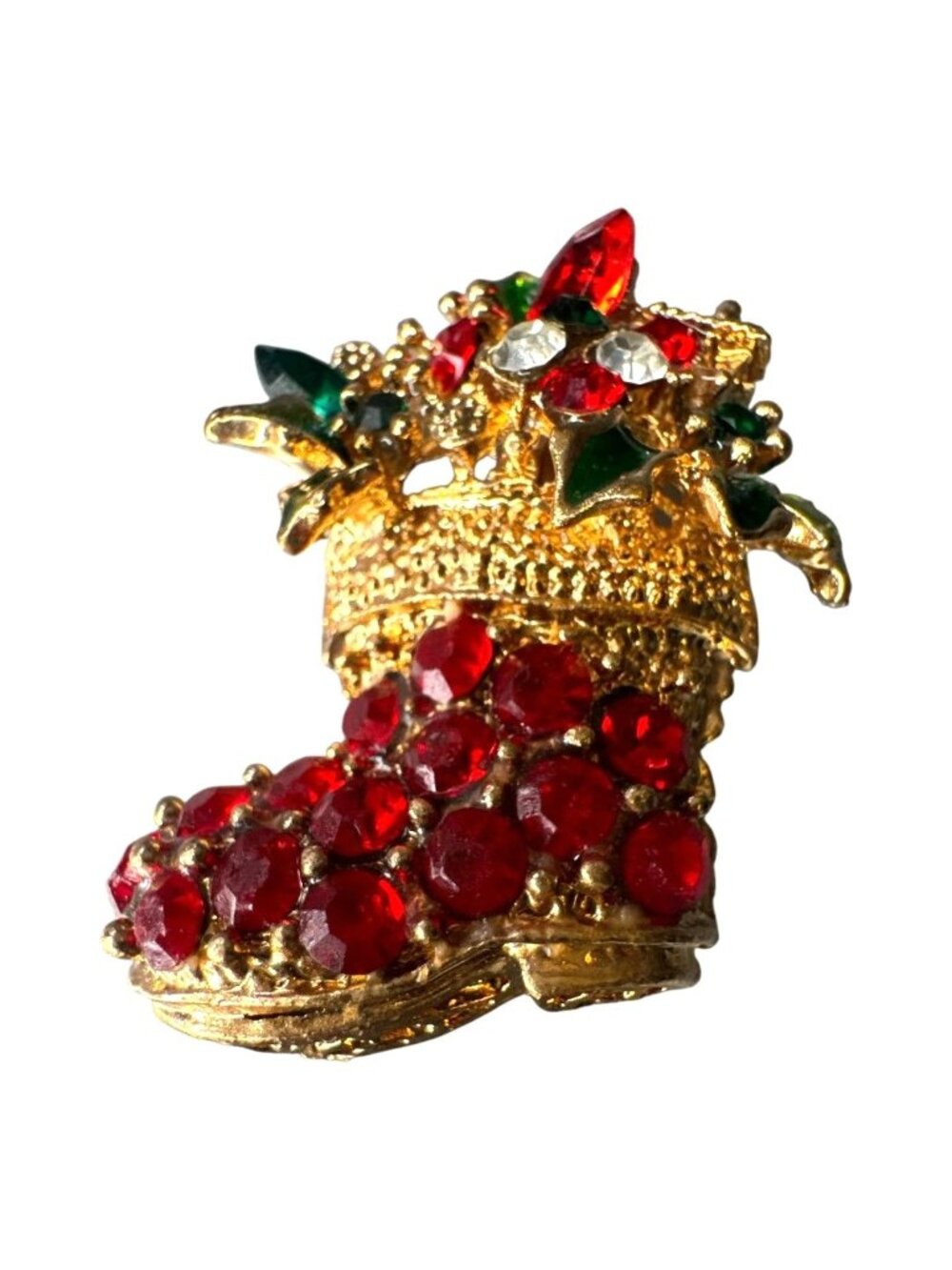 Vintage Gold-Tone Christmas Stocking Brooch With Red Green & Clear Rhinestones H